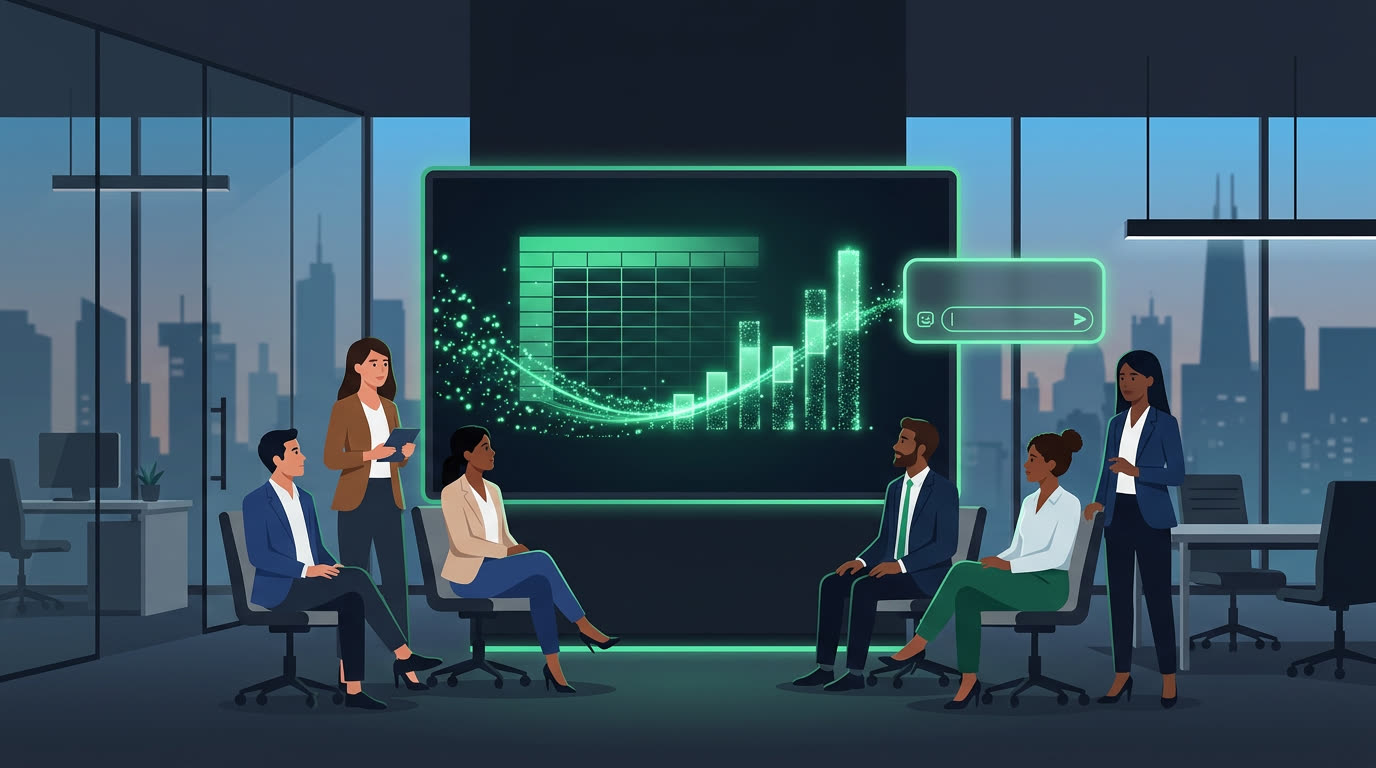 A team watches AI assemble a spreadsheet and charts on a large screen